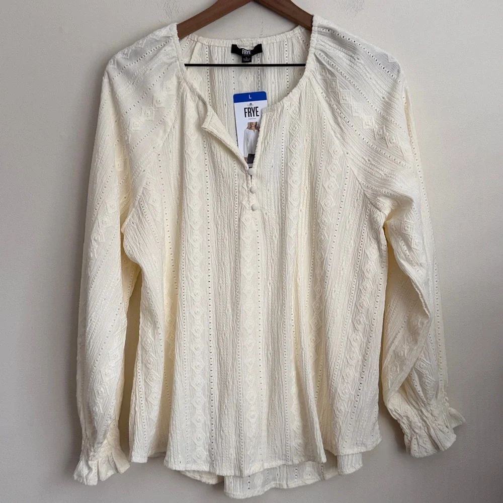 Frye cream Ivory Eyelet V-Neck Long Sleeve Peasant Cottagecore Boho Blouse L